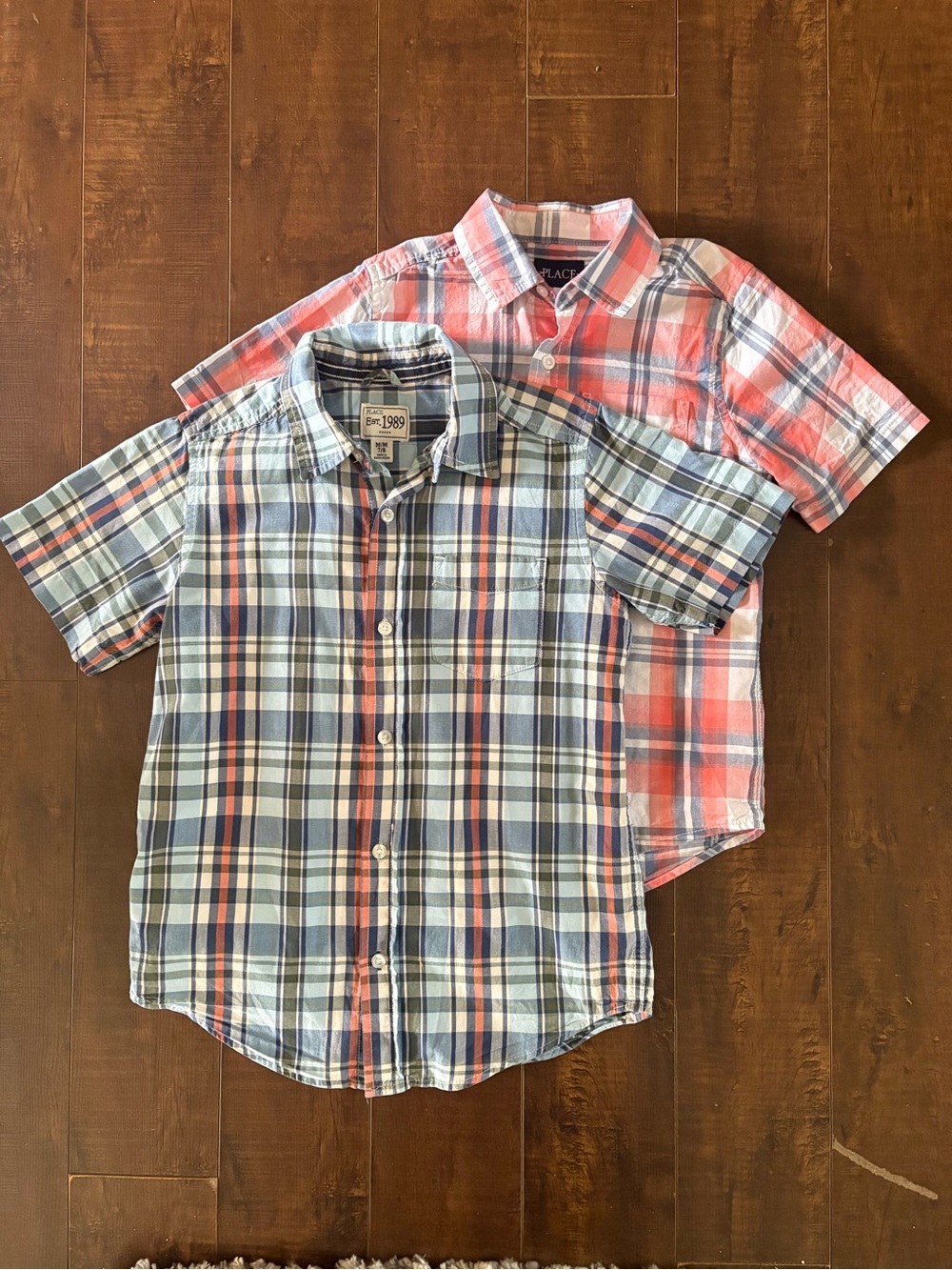 Children’s Place Classic Plaid Short Sleeve Shirts - Blue/Orange & Coral / Blue